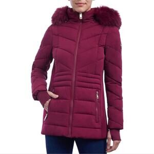 Michael Kors burgundy and gold long puffer coat faux‎ fur trim plus size 3X NEW